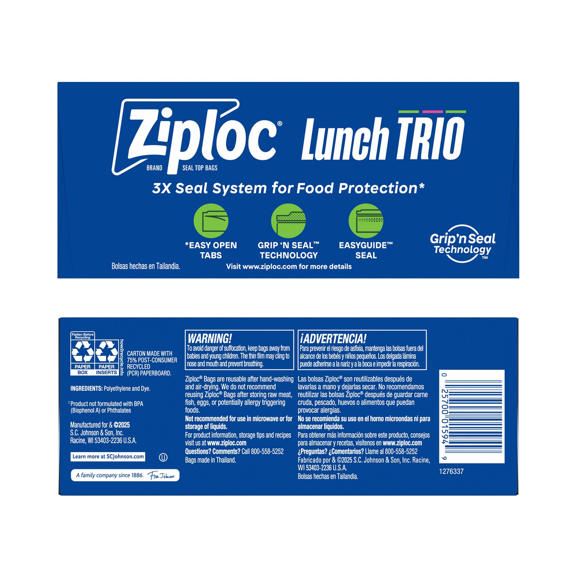 Ziploc Brand Lunch Trio Variety Pack with EasyGuide Texture, Grip ’n Seal Technology, 225 count - Image 10